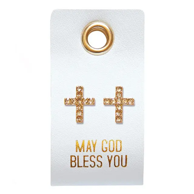 Leather Tag Earring - Cross rhinestones